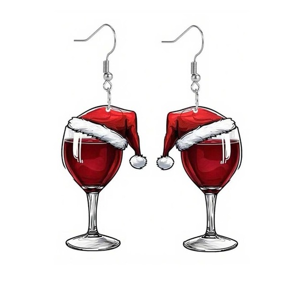 New! Wine Glass Santa Hat Earrings - Picture 1 of 4